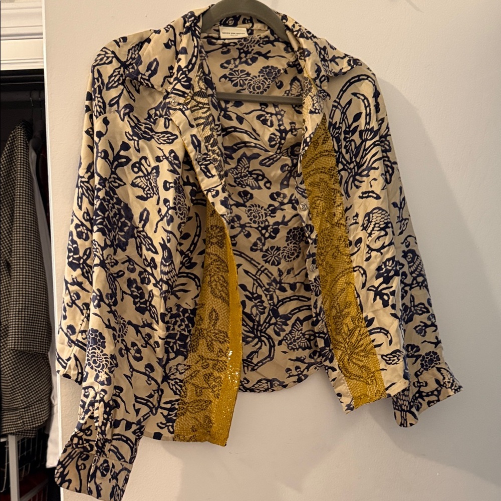 Dries Van Noten cream silk button down with sequins